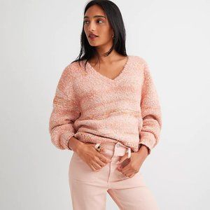 J Crew puff-sleeve wool blend v-neck sweater in space dye, Peach Rainbow, Small